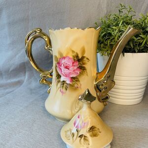 Lefton China Heritage Green 2pc Teapot Set White Pink Roses Flowers